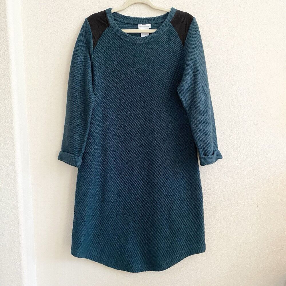 SOFT SURROUNDINGS Green Sweater Dress Knit Black‎ Faux Suede Shoulder Sz M